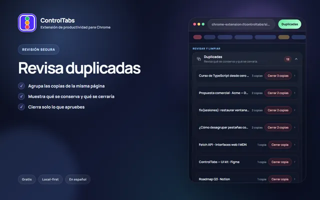 Panel de ControlTabs mostrando la revisión de pestañas duplicadas