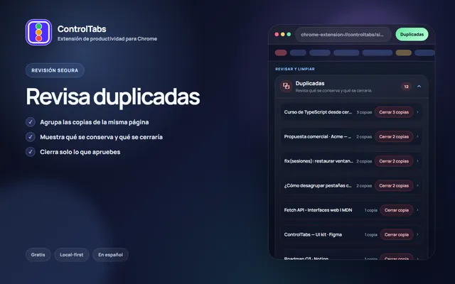 Panel de ControlTabs mostrando la revisión de pestañas duplicadas