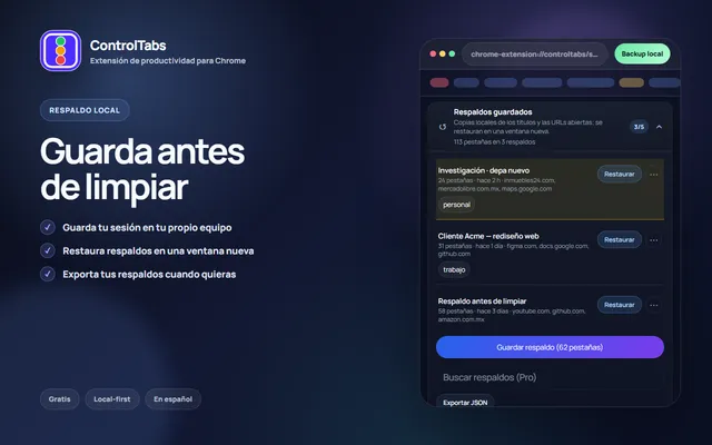 Panel de ControlTabs mostrando un respaldo local de la sesión