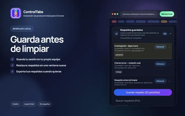 Panel de ControlTabs mostrando un respaldo local de la sesión