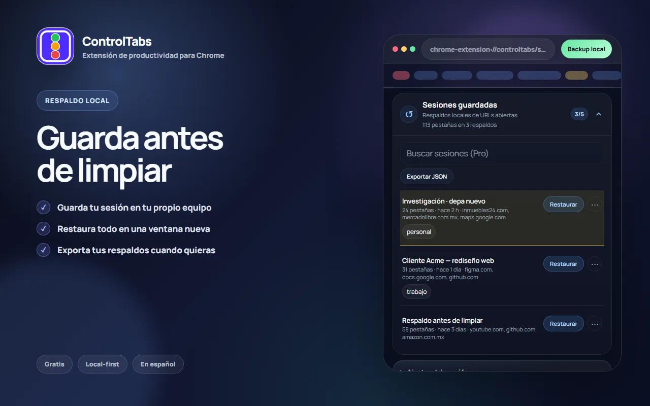 Panel de ControlTabs con sesiones de pestañas guardadas y la opción Restaurar